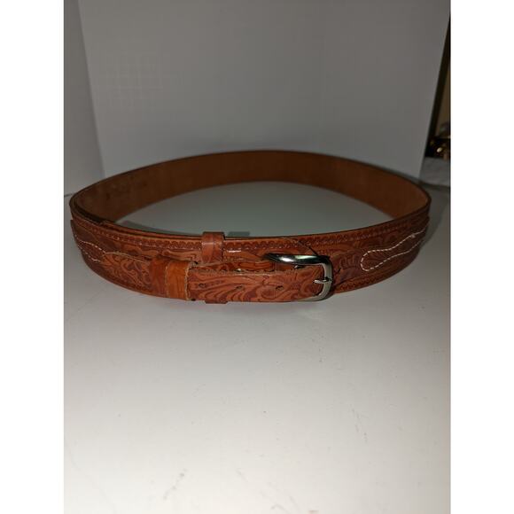 Vintage Hand Tooled Leather Belt Top Grain Steer Hide Tan Unisex - Picture 5 of 9